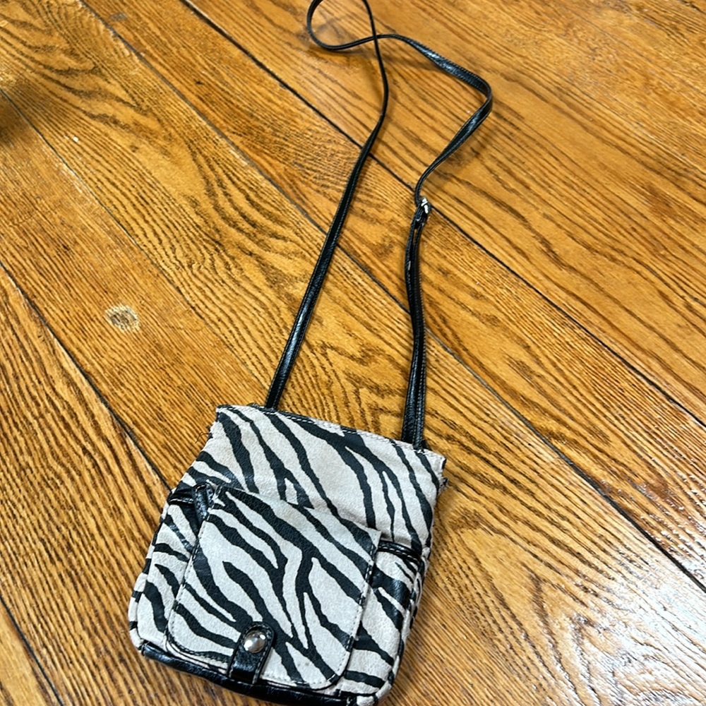 Strada synthetic leather small shoulder bag.  Zebra pattern.
